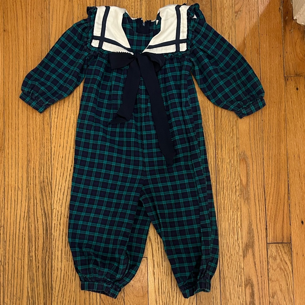 Vintage Mod Nautical Jumpsuit Plaid Romper with Bow Detail Size 2T